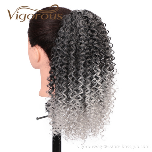 Vigorous Top Quality Cheap Supplier Kinky Curly Ombre Grey Updo Puff Hair Piece Drawstring Synthetic Ponytail Hair Extension
